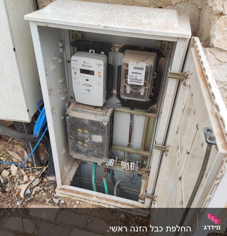 ארון חשמל פתוח עם מונים וחוטי חשמל